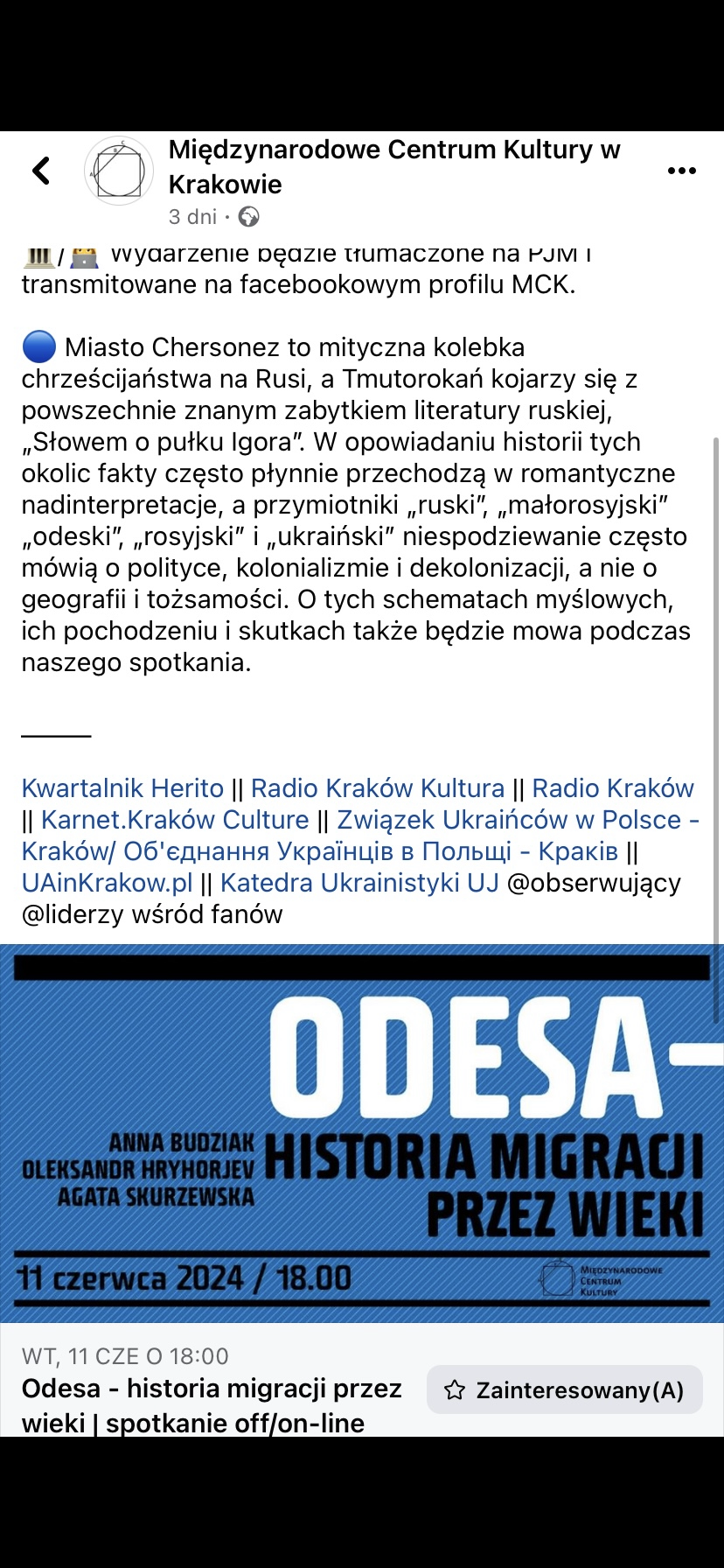 Odesa-Historia migracja przez wielka - spotkanie off/on-line